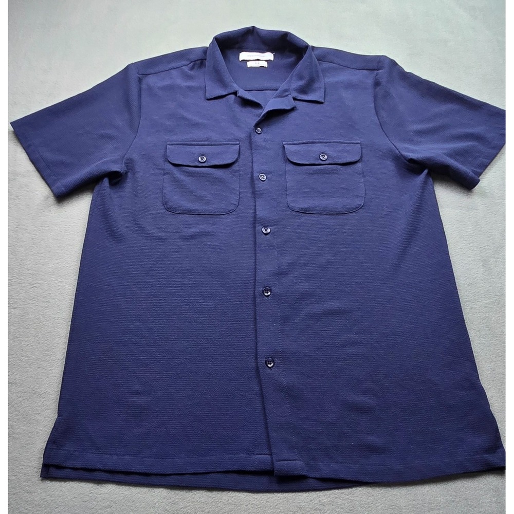 Urban Outfitters Mens Medium Navy Blue Textured Short Sleeve Camp Collar Shirt